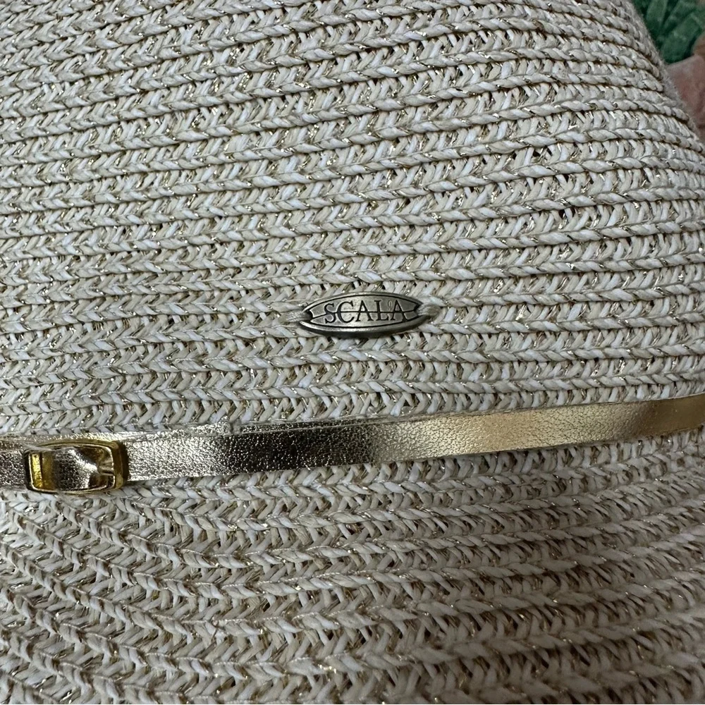 Scala women’s handwoven sun hat gold thread with a buckle trim